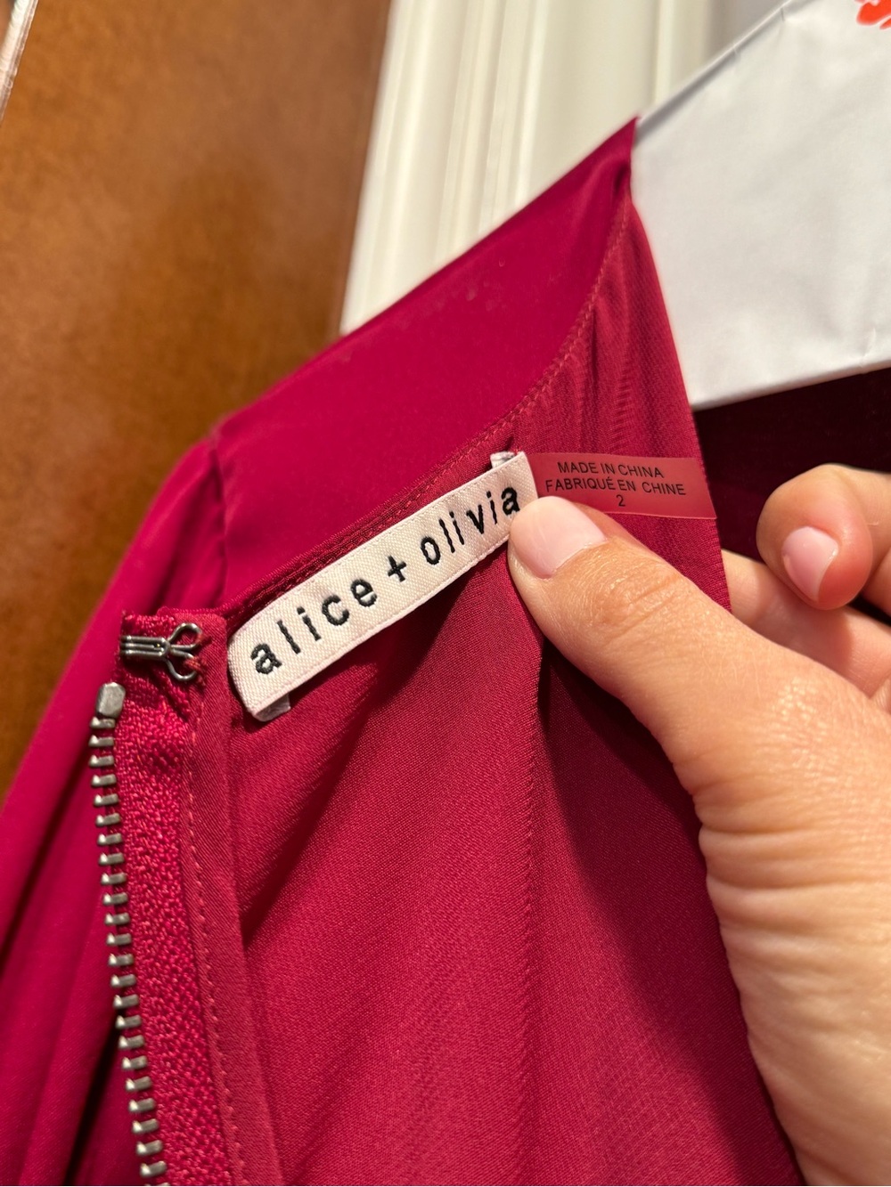 Alice + Olivia Katrina Bell Sleeve Ruffle Hem Silk Dress In Bordeaux - Picture 4 of 4